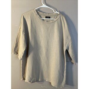 Zara Man Short Sleeve Sweatshirt Beige Reverse Hems Crewneck Midweight Sz L